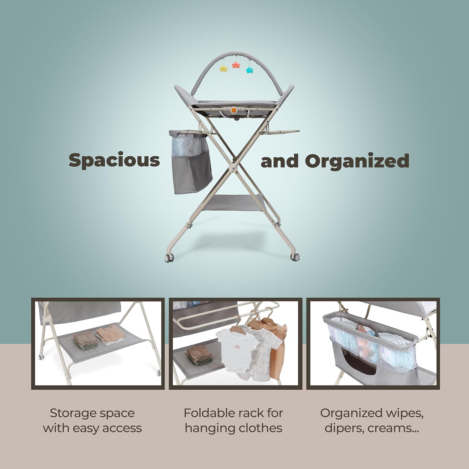 Mesa for cambiar pañales con ruedas – Unidad de altura ajustable de 5 niveles con estantes de almacenamiento – Estación, ergonómica y respetuosa con la espalda for recién nacidos