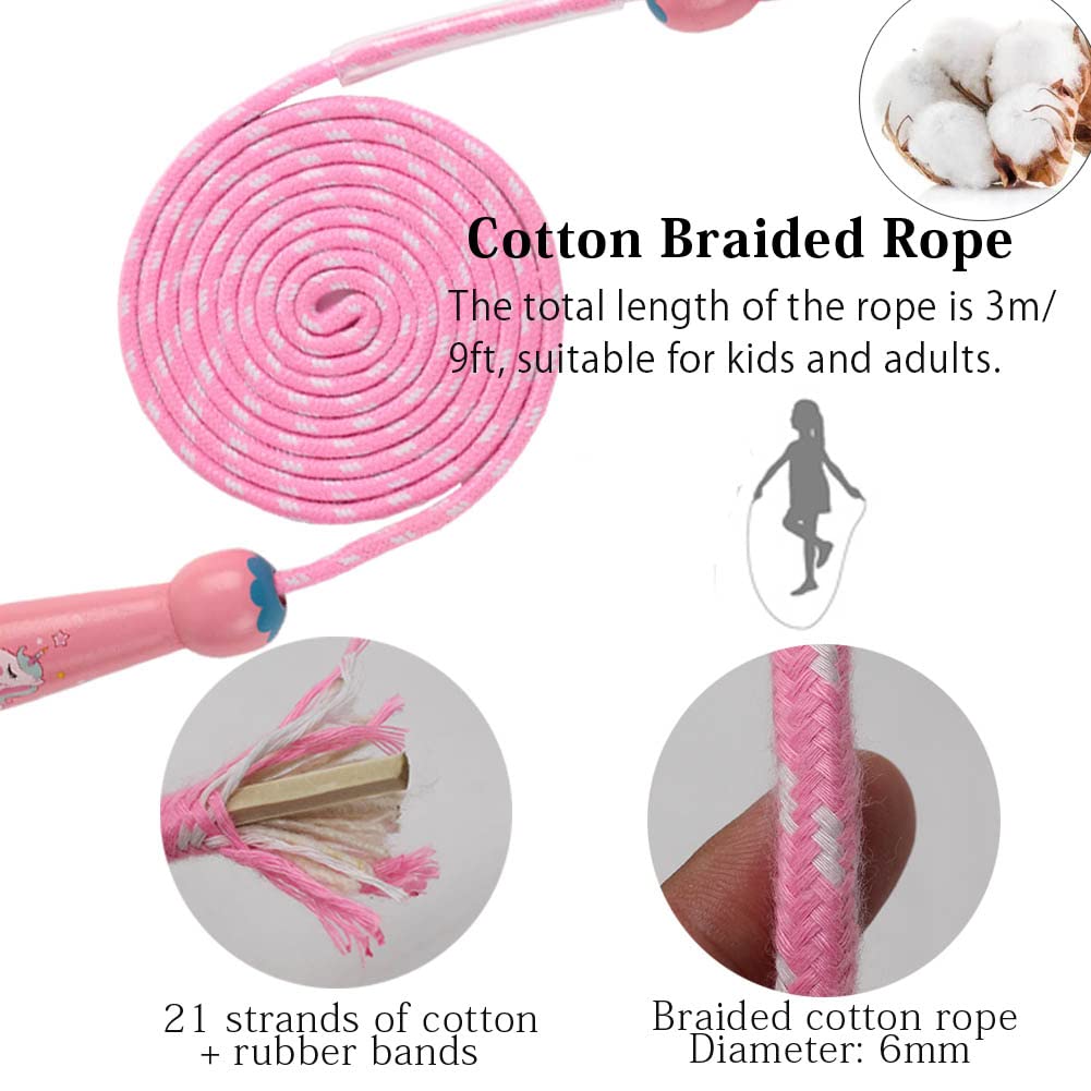 Suwimut Lot de 4 cordes à sauter en coton, poignée en bois, corde à sauter réglable en coton tressé pour activités de plein air, exercice, entraînement de fitness (bleu, rose, jaune, vert