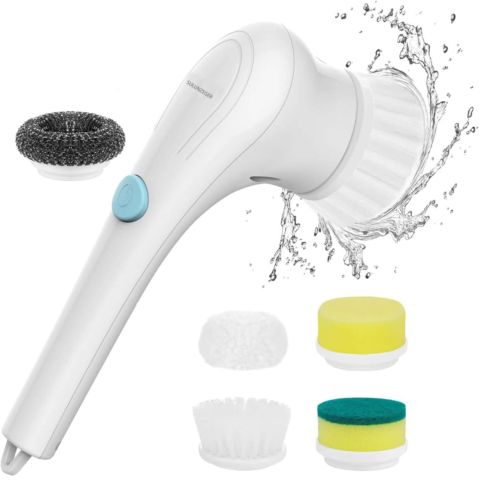 SULUNZEGER Electric Cleaning Scrubber with 5 Brush Heads, Cordless Spin Scrub Cleaner for Kitchen and Bathroom, Handheld 360° Rotating Scrubbing Tools for Plates, Dish, Pots, Walls