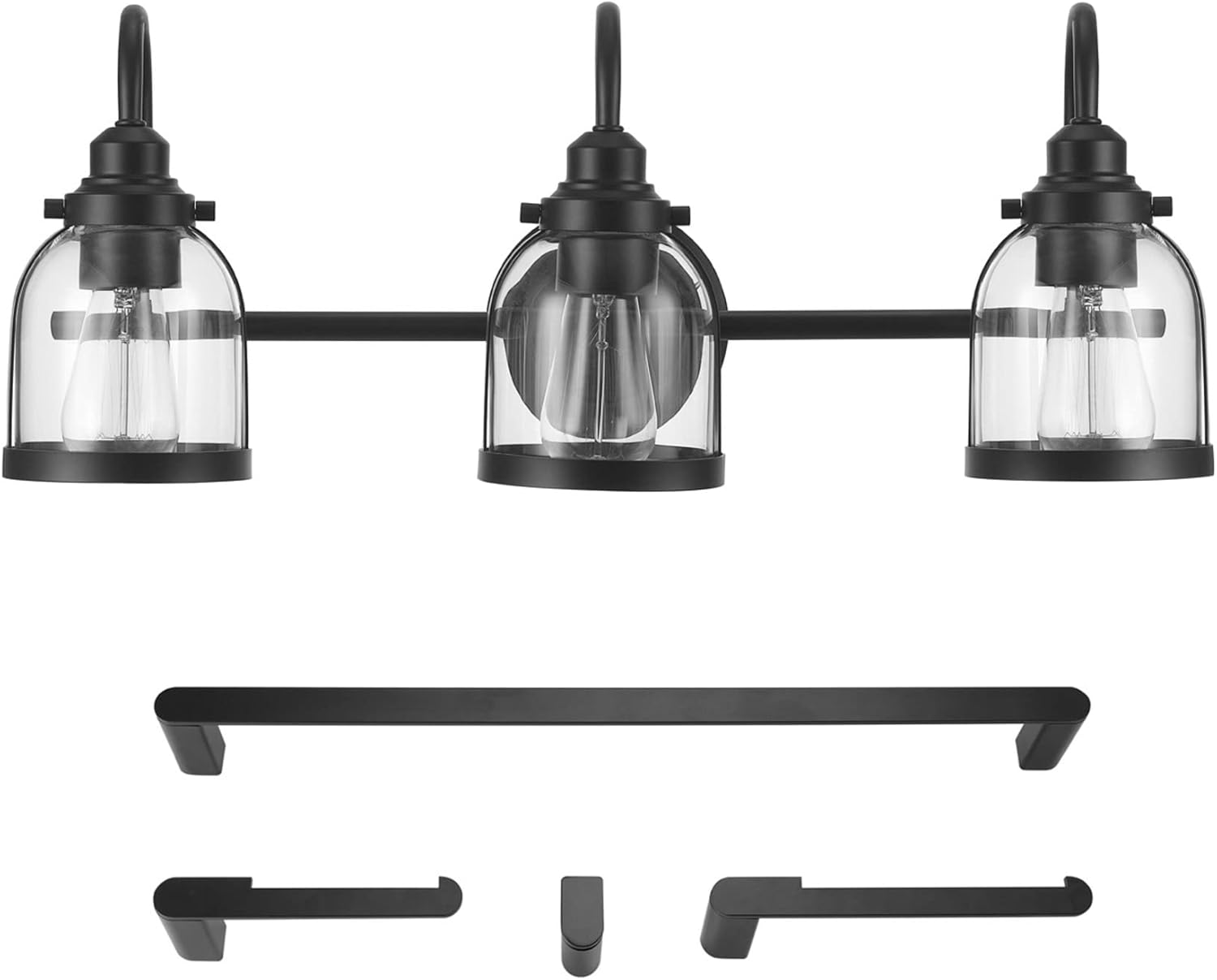 Globe Electric 52064 Devonport 5-Piece All-in-One Bathroom Set, Matte Black, 3-Light Vanity Light with Clear Glass Shades, Towel Bar, Towel Ring, Robe Hook, Toilet Paper Holder