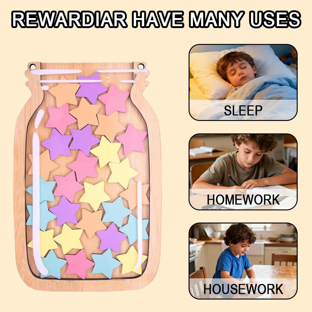 Reward Jar with 30 Stars, Magnetic Reward Jar for Good Behaviour Wooden Rewards Chart with Stickers, Motivate Good Behavior - Image 3