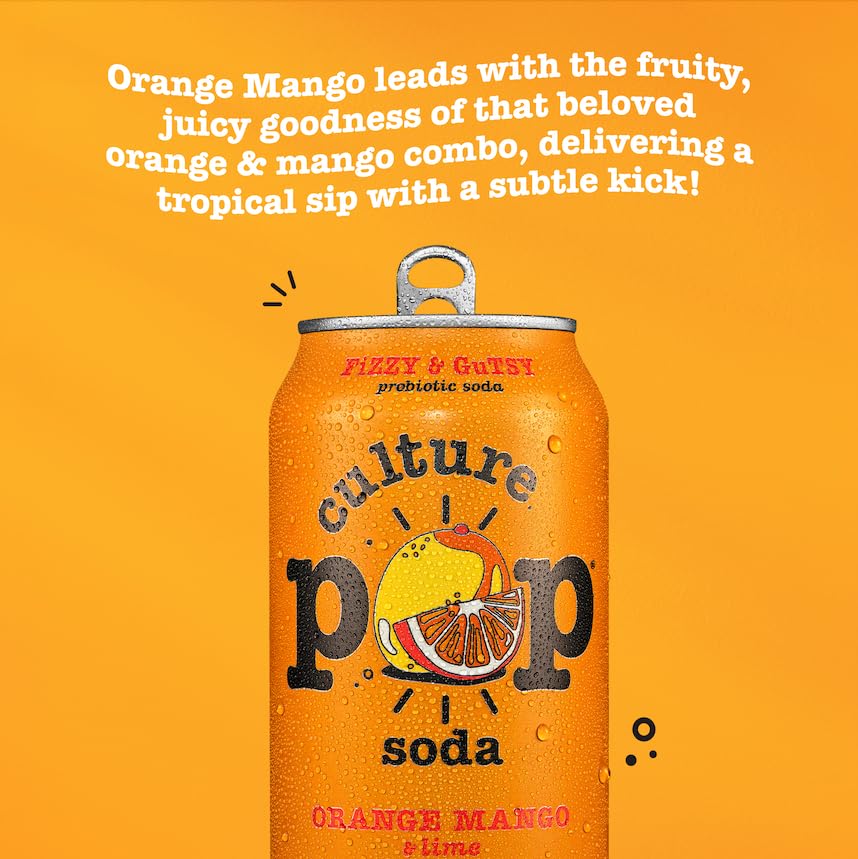 Culture Pop Soda, Orange Mango & Lime, Probiotic Low Sugar Soda, Sparkling Juice Alternative, Non-GMO, Kosher, Gluten-Free, No Stevia (Multipack, 12ct, 144 fl oz)