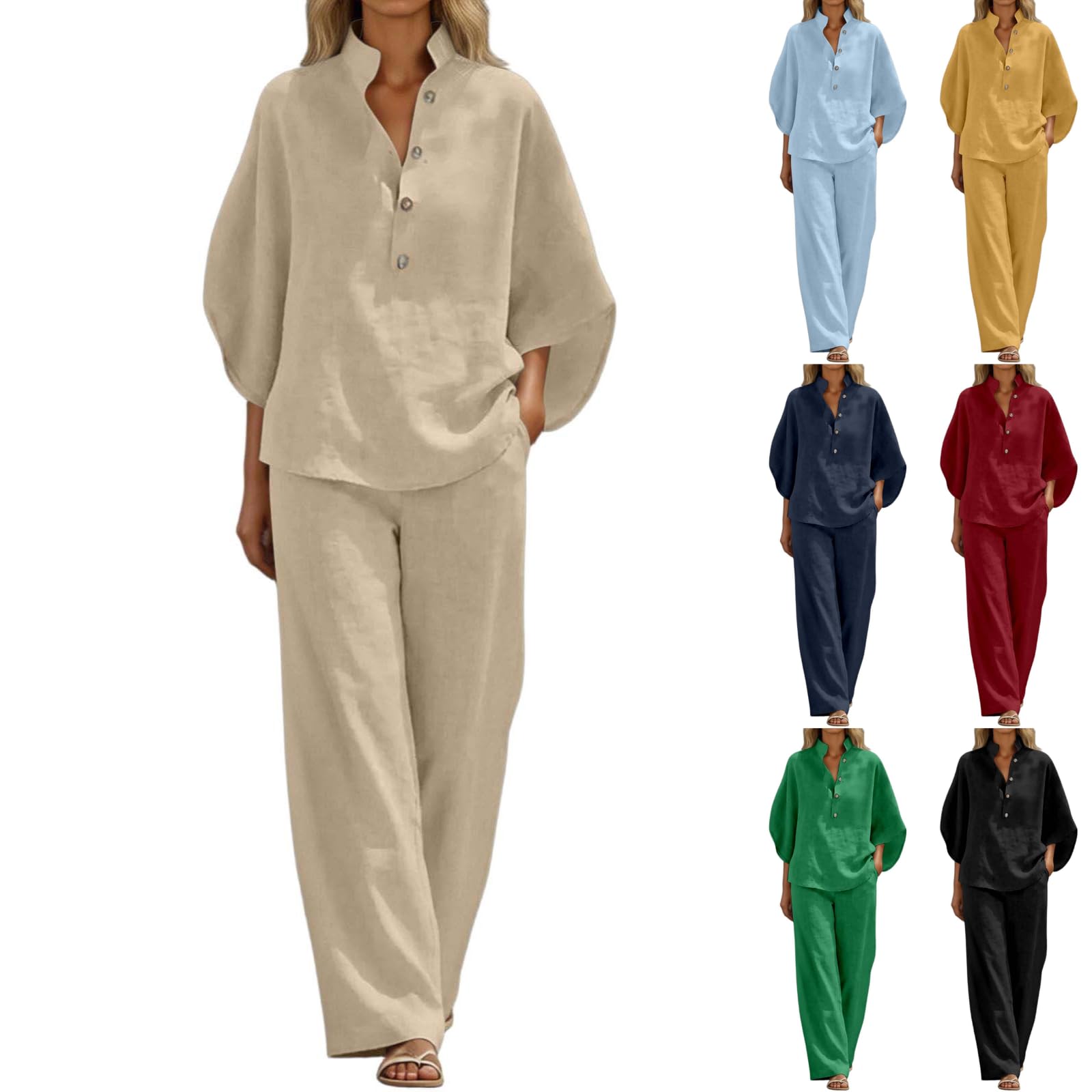Générique Tenue d'Été Femme en Lin, Haut à Col V Manches Longues/Courtes, Pantalon Taille Élastique Couleur Unie, Ensemble Léger pour Plage, Jogging, Grandes Tailles