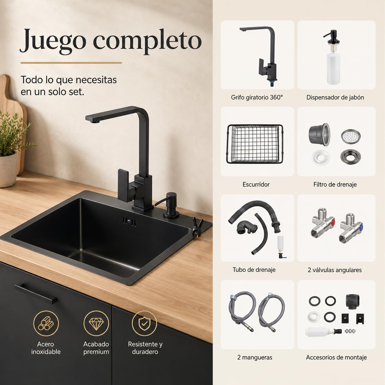 Fregadero de cocina negro de 45 x 40 cm, juego de fregadero con grifo, incluye escurridor y dispensador de jabón, grifo giratorio 360°, color negro mate, acero inoxidable 201