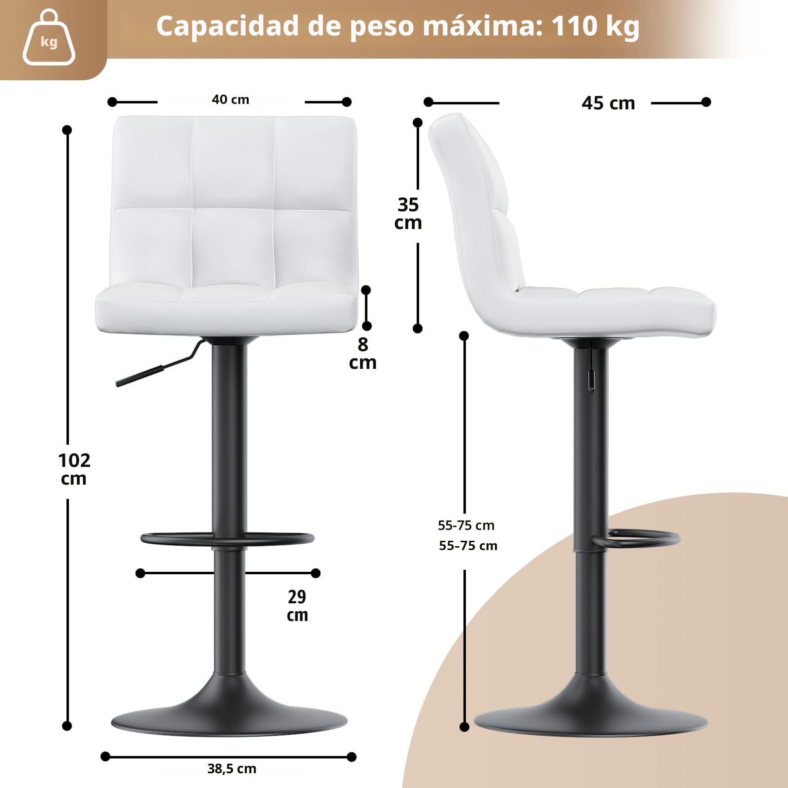 bigzzia Lote de 2 taburetes de Bar giratorios en Cuero sintético Ajustables en Altura con Respaldo para desayunador, mostrador, Cocina y hogar - Blanco