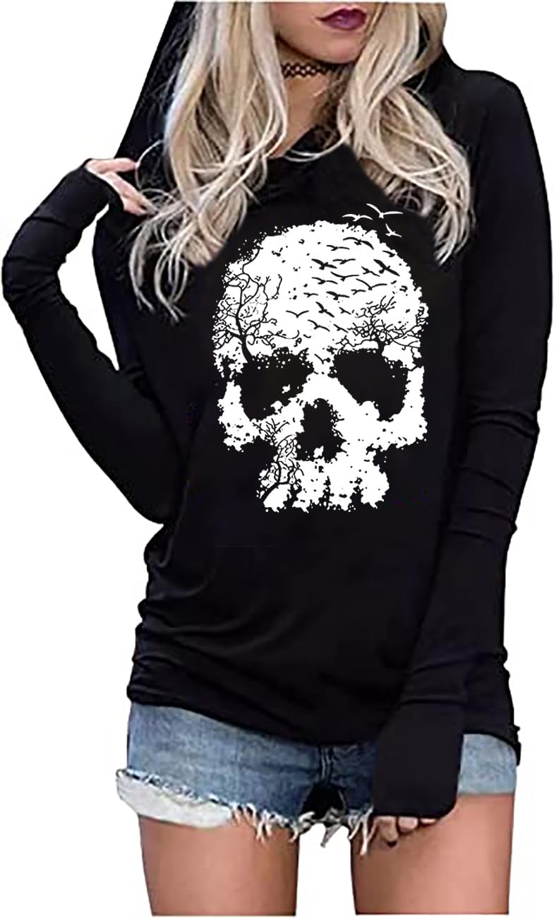 Skull Hoodie Tshirt Women Vintage Gothic Graphic Tees Halloween Hoodies Casual Fall Long Sleeve Pullover Tops