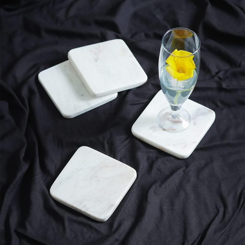 White Marble Tea/Coffee/Cocktail Coaster Set of 4 pcs for Drinks Hot & Cold, Table Decorative Cocktail Coaster (Square)-image-16