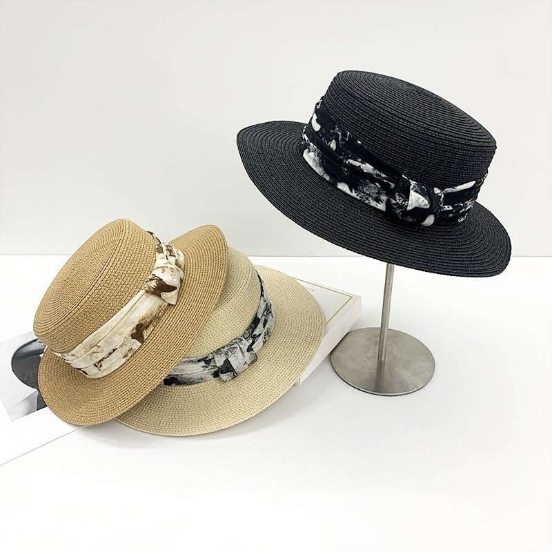 Sombrero de Verano para Mujer,de Copa Plana,con Protección UV,ala Ancha,Estilo Canotier,de Paja con Cintas Teñidas,Transpirable,para Playa,Exteriores,Vacaciones y Viajes