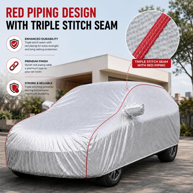 Image of Premium Car Cover for Citroen C3 Model | Waterproof, UV & Dust Protection | Mirror & Antenna Pocket | Triple Stitched, Soft Inner Lining, Belt & Buckle (Metalic Silver)