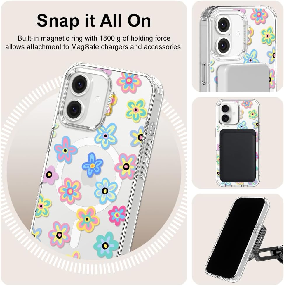 MOSNOVO Case for iPhone 16, [Compatible with Magsafe] [Buffertech 6.6ft Military-Grade Drop Protection] [Anti Peel Off Tech] Clear Phone Case Design - Groovy Flower - Image 6
