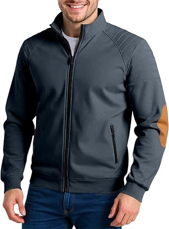 Mens Casual Jacket, Full Zip Patchwork Mock Neck Jackets Pockets Fall Winter Sport Coats With Elbow Patches, S-3XL