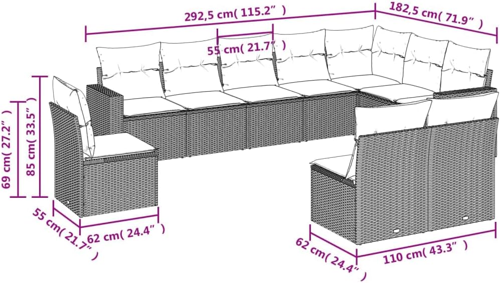 vidaXL Patio Sofa Set with Cushions, 10-Piece Black Poly Rattan Outdoor Furniture, Modular Design, UV-, Washable Covers