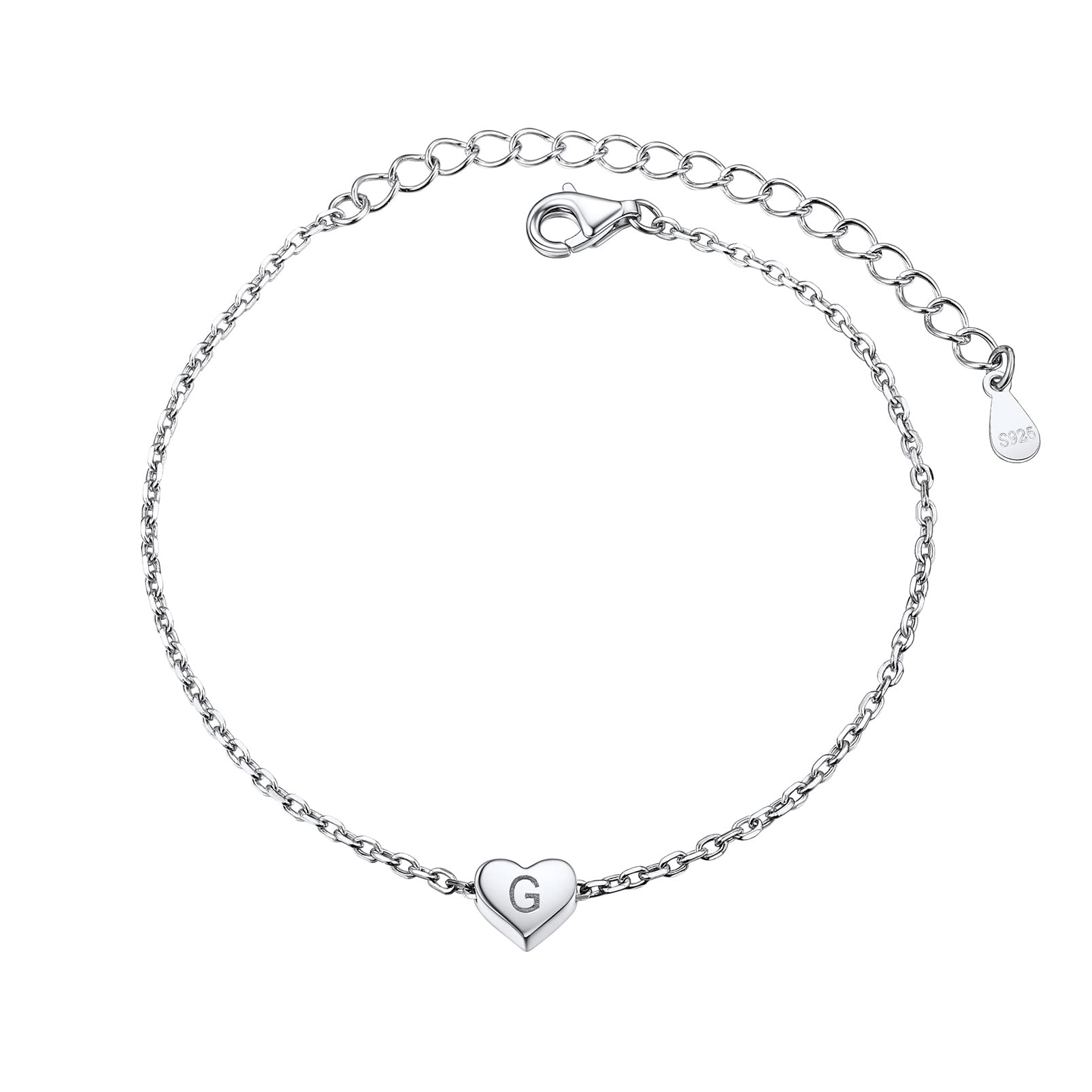 925 Sterling Silver Dainty Heart Bracelets for Women, A-Z Letter Cute Initial Charm, Bracelet: 6.3"-8.3", Adjustable, Come with Box