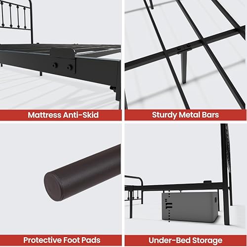 Miniatura 6 de Golden Gate Beds Marco de Cama de Metal de Estilo Vintage con Cabecera y Pie de Cama de Hierro Forjado, Marco de Cama Plataforma Clásico con Negro