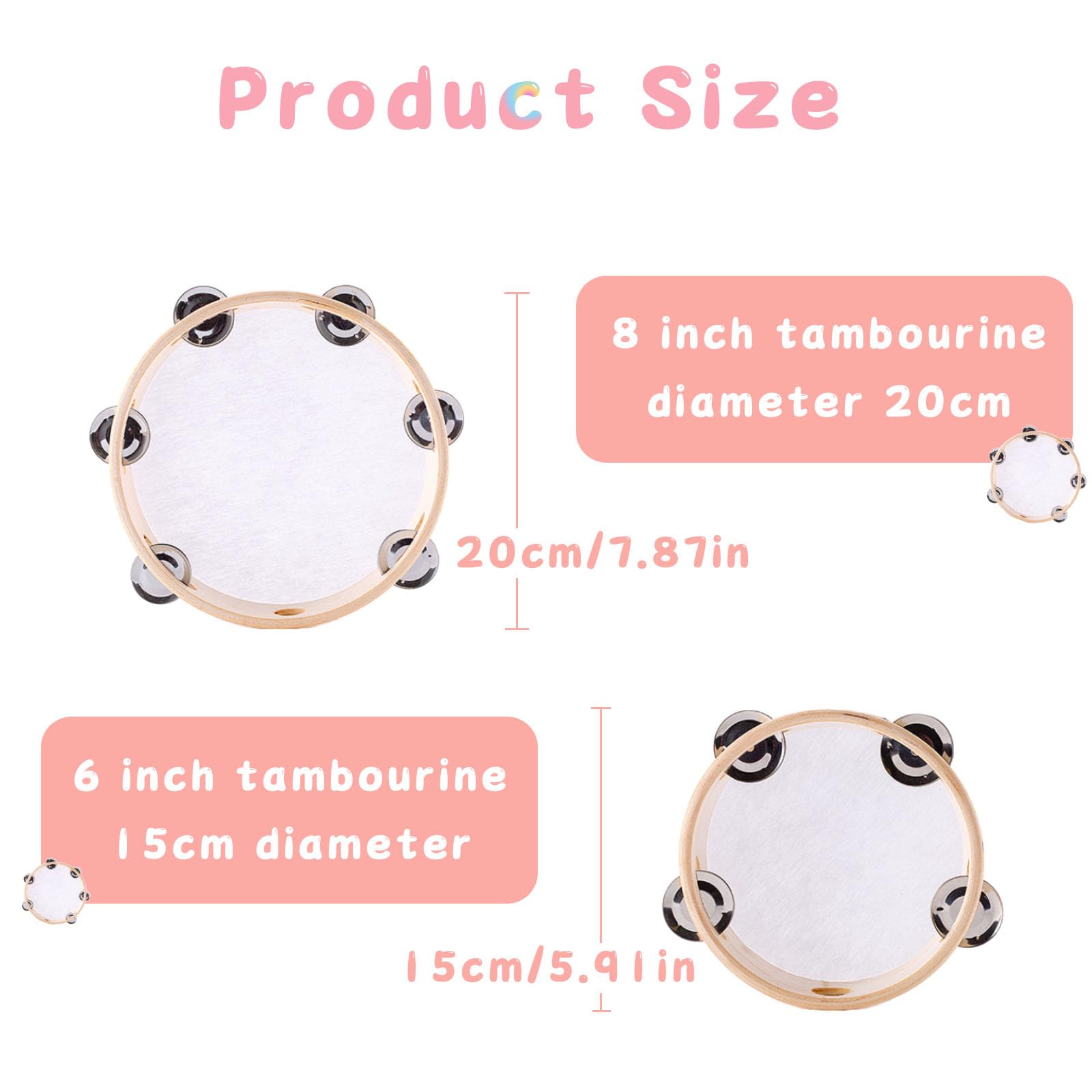 2 tamburelli portatili (15,2 cm e 20,3 cm), tamburelli con campanelle, tamburello in legno, per bambini, tamburello a mano in legno a fila singola, per bambini, accompagnamento di danza e canzone