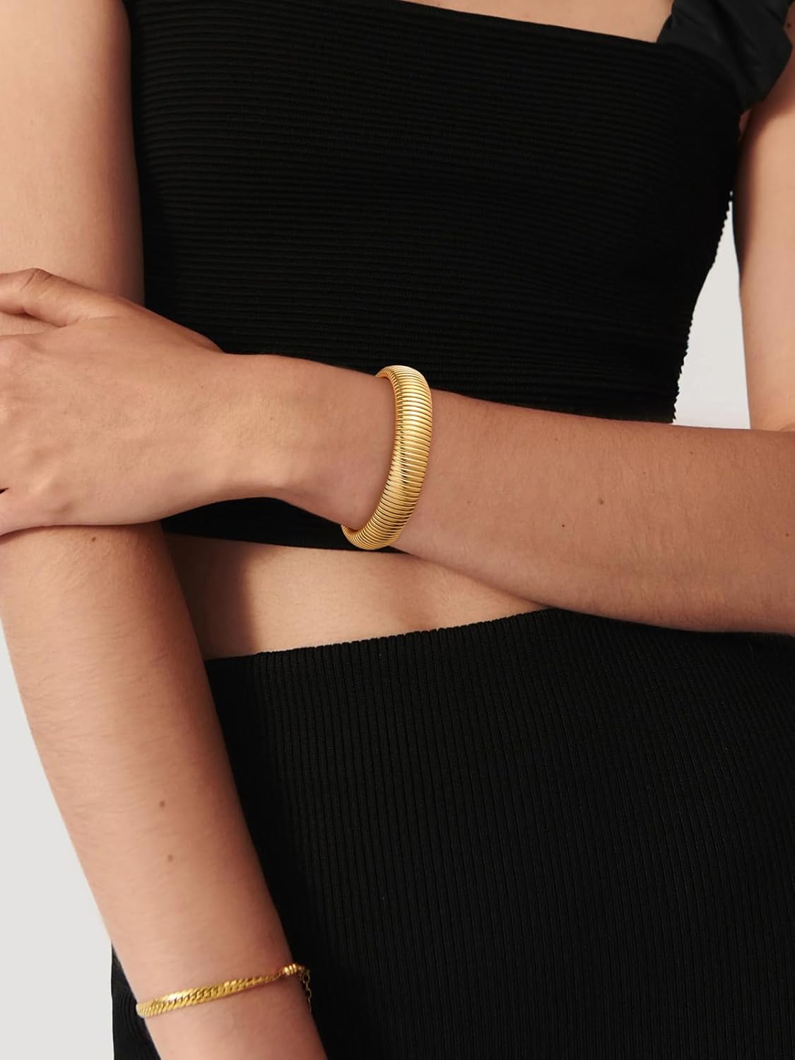 U7 Stretch Bracelets for Women Stainless Steel 18K Gold Plated Bangle Bracelets,Non Tarnish Link Bracelets,10mm,16mm,20mm - Image 3