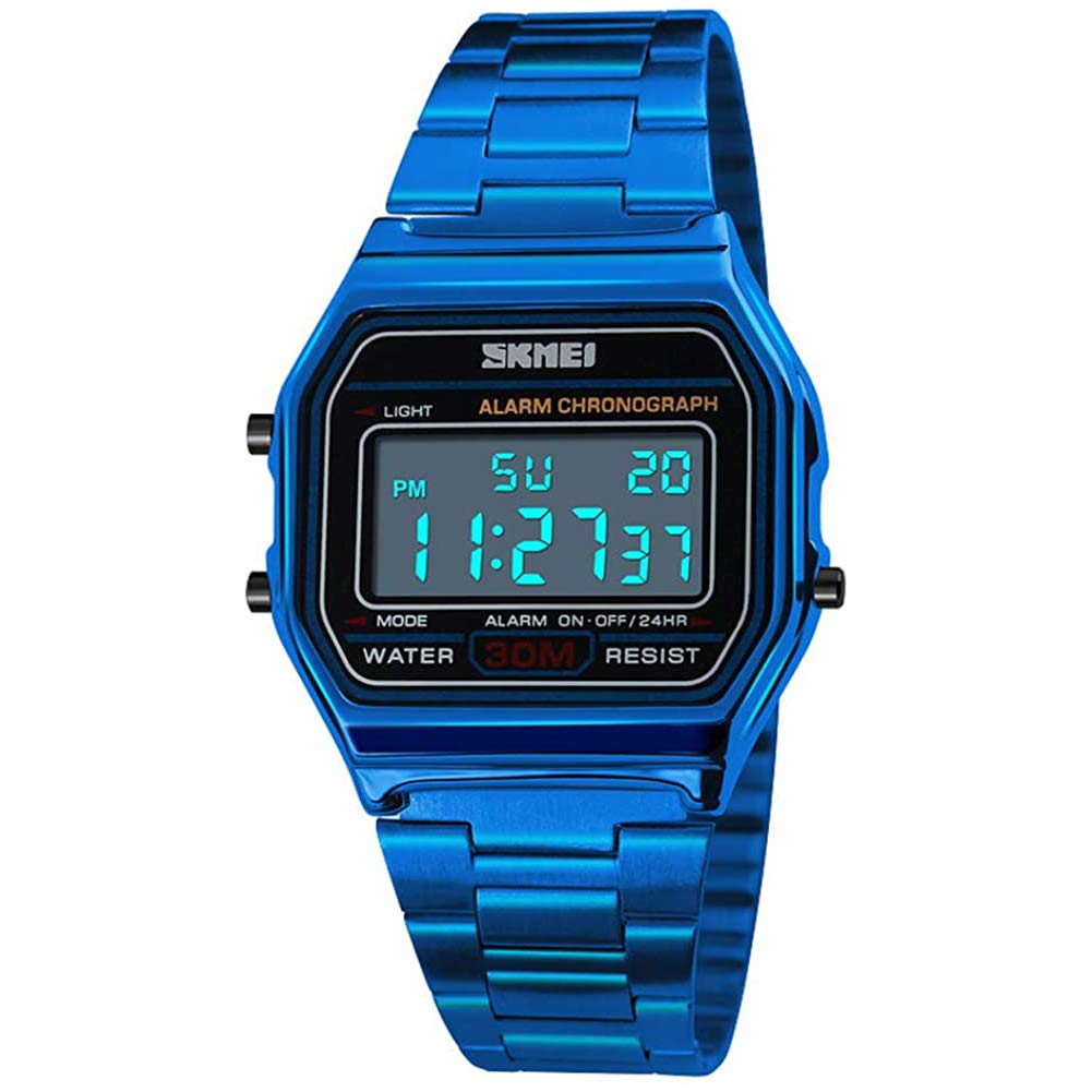 MASTOP Orologio sportivo digitale da uomo, doppio display, in acciaio inox, quadrato, conto alla rovescia, sveglia, retroilluminazione, resistente all'acqua