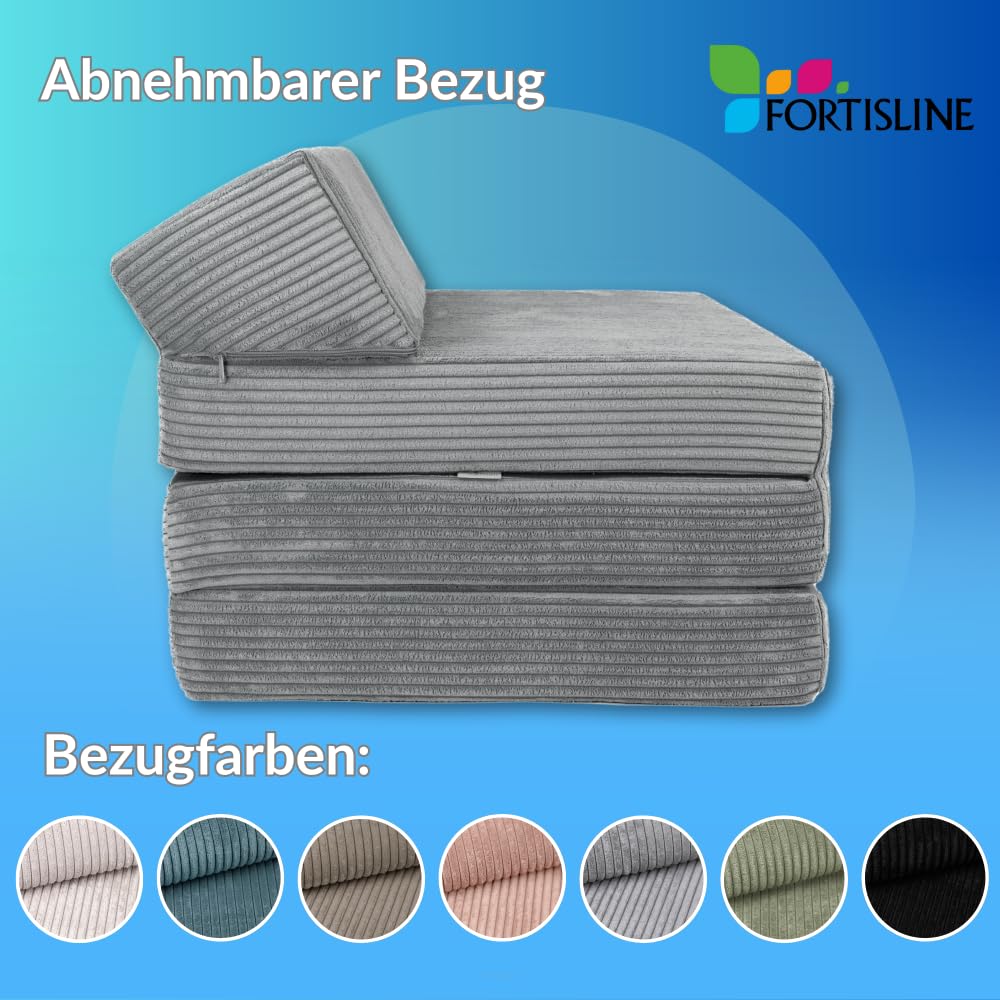 FORTISLINE - Klappmatratze 200x70x10cm mit Kopfteil & Kissen – Gästebett ausklappbar für Kinderzimmer & Camping Matratze Schaumstoff – Faltmatratze tragbar – Faltbare Matratze aus Cord – Beige