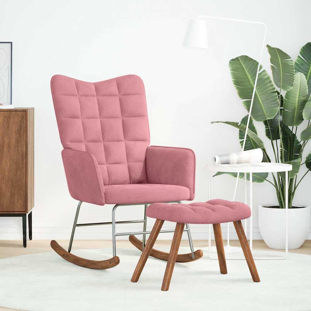 Mecedora de terciopelo con taburete rosa, sillón con asiento acolchado grueso y reposabrazos, marco estable de madera contrachapada y metal, patas de madera para un soporte seguro, versátil