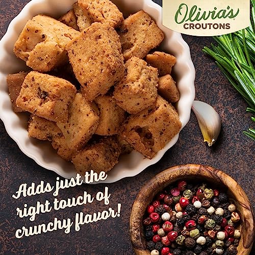 Image of Olivia's Croutons Gluten Free Garlic Croutons, 0.75 oz, 50 Count | Ancient grain bread, dairy free, vegetarian, individual packs, salad and soup topping, non gmo