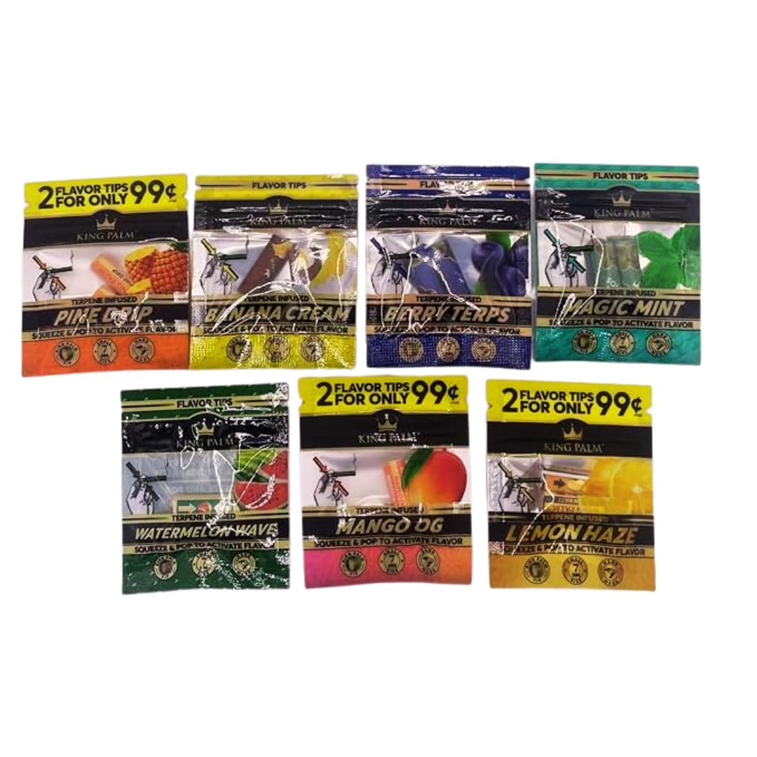 King Palm Flavoured Filter Tips - 14 x Fruity Squeeze & Pop Tips - 7 Flavours - Pine Drip - Watermelon Wave - Mango OG - Blueberry Terps - Banana Cream - Magic Mint - Lemon Haze