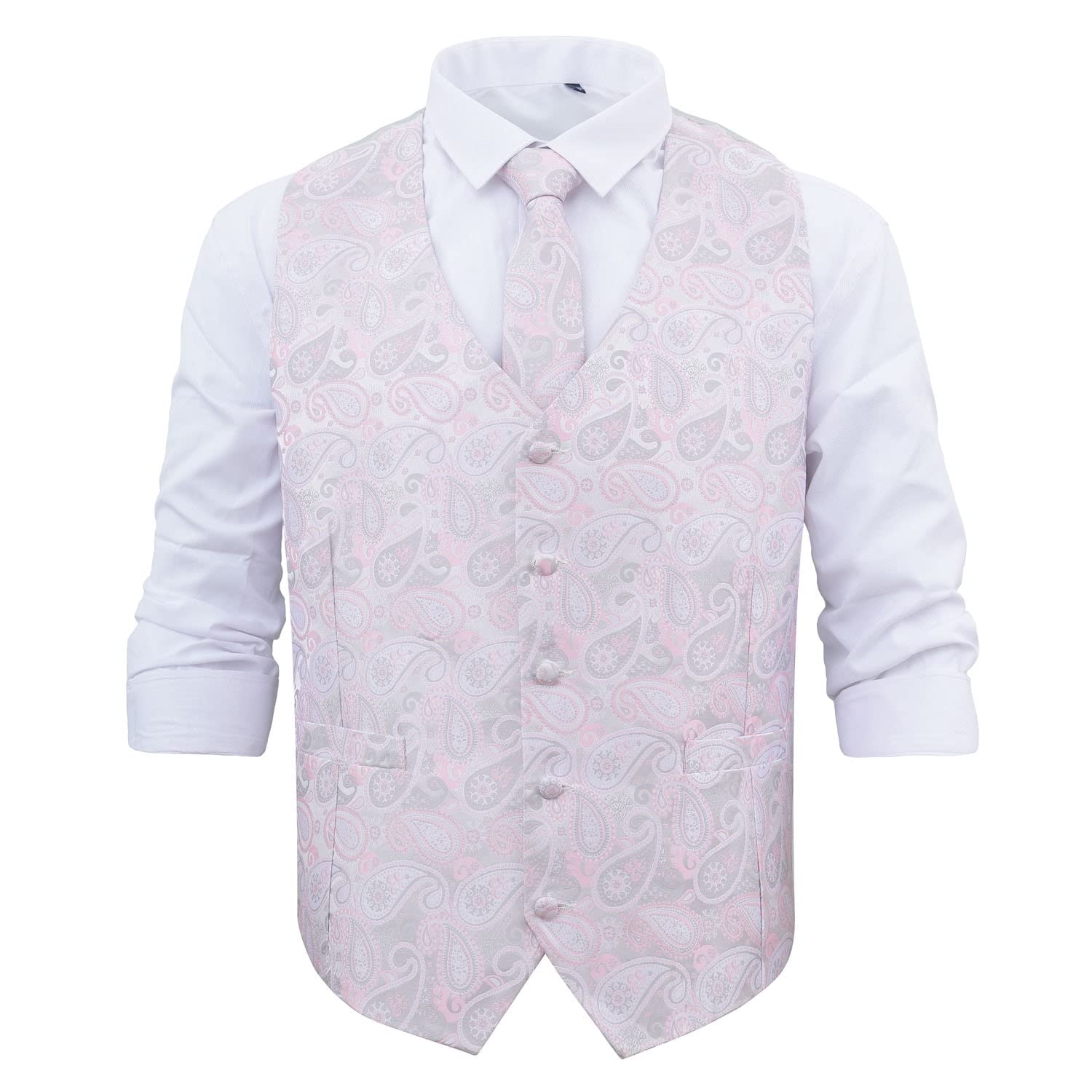 Dqt Men's Silver And Pink Paisley Bohemian Jacquard Waistcoat, Tie, Pocket Square & Cufflinks Set (4Pc) - Wedding, Business & Formal - 46" (3Xl)