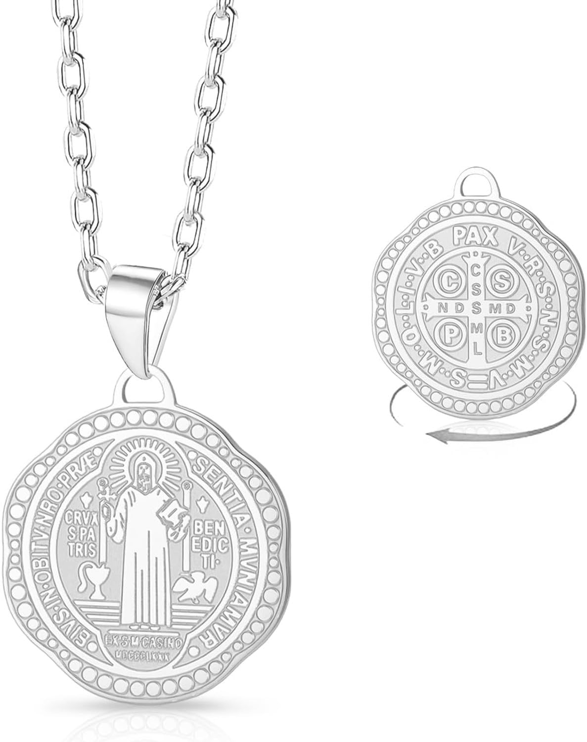Wuufake Stainless Steel Saint Benedict Medal Necklace with Christian Cross Exorcism Pendant Protection Amulet Religion Bible Verse Jewelry for Women Men, Silver