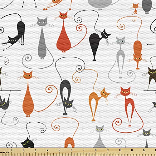 Ambesonne Cat Fabric by The Yard, Modern Minimalist Illustration of Simple Kitten Pattern Cartoon Design Artwork, Decorative Fabric for Upholstery and Home Accents, 3 Yards, Orange Black