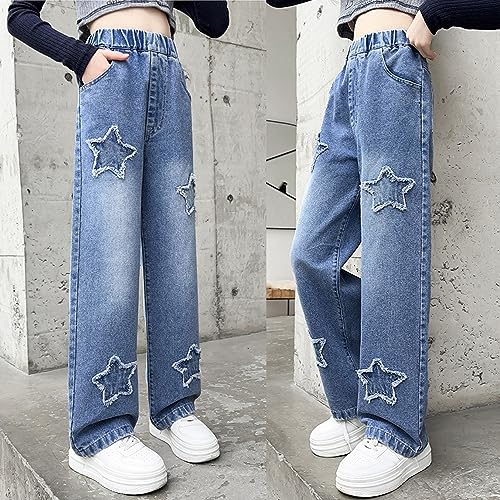 FLOWERKIDS Kids Girls Jeans Elastic Print Casual Baggy Denim Pants Straight Wide Leg Jeans Age 4-14 Years3