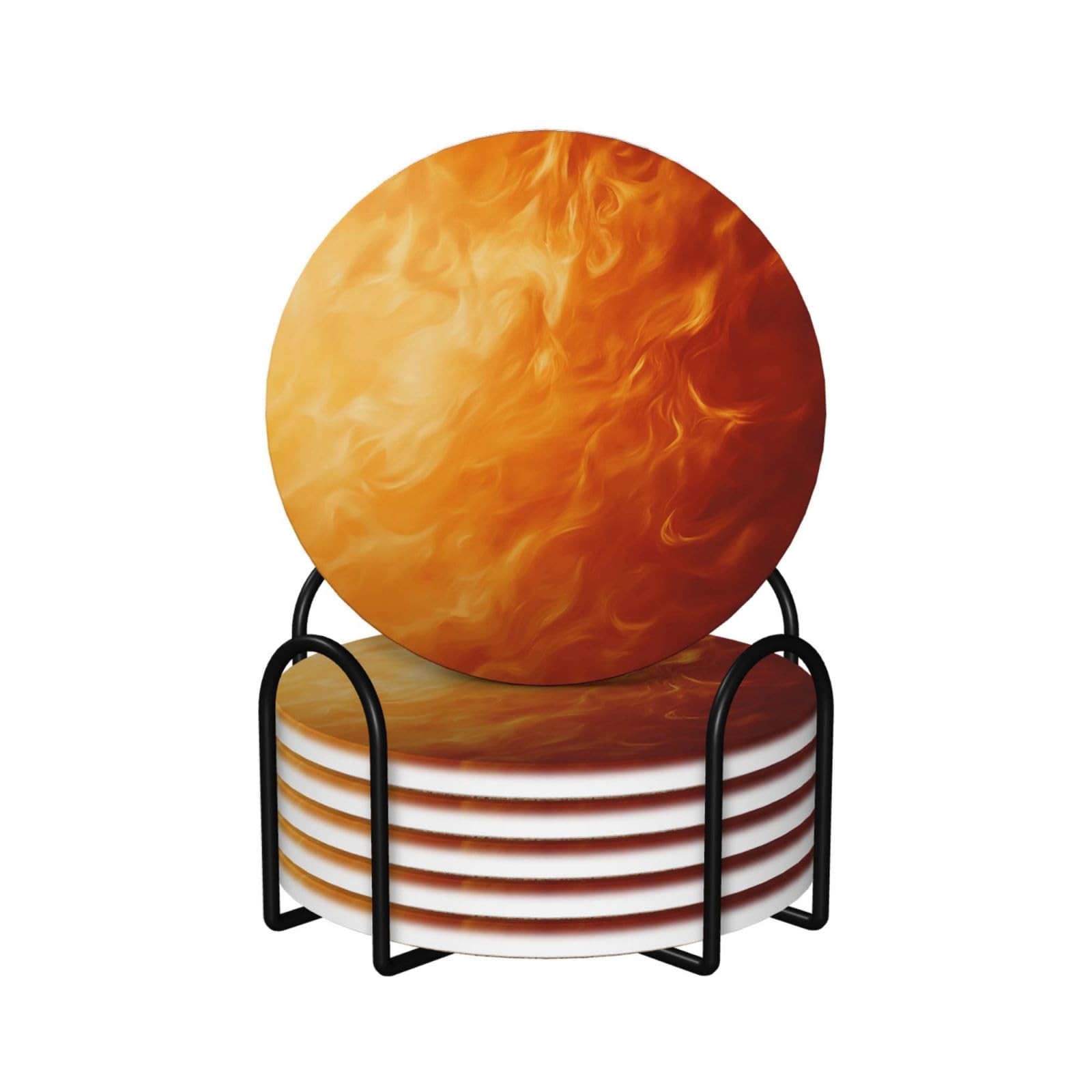 Fire Pattern Orange Color Ceramic Coasters with Holder 6ps