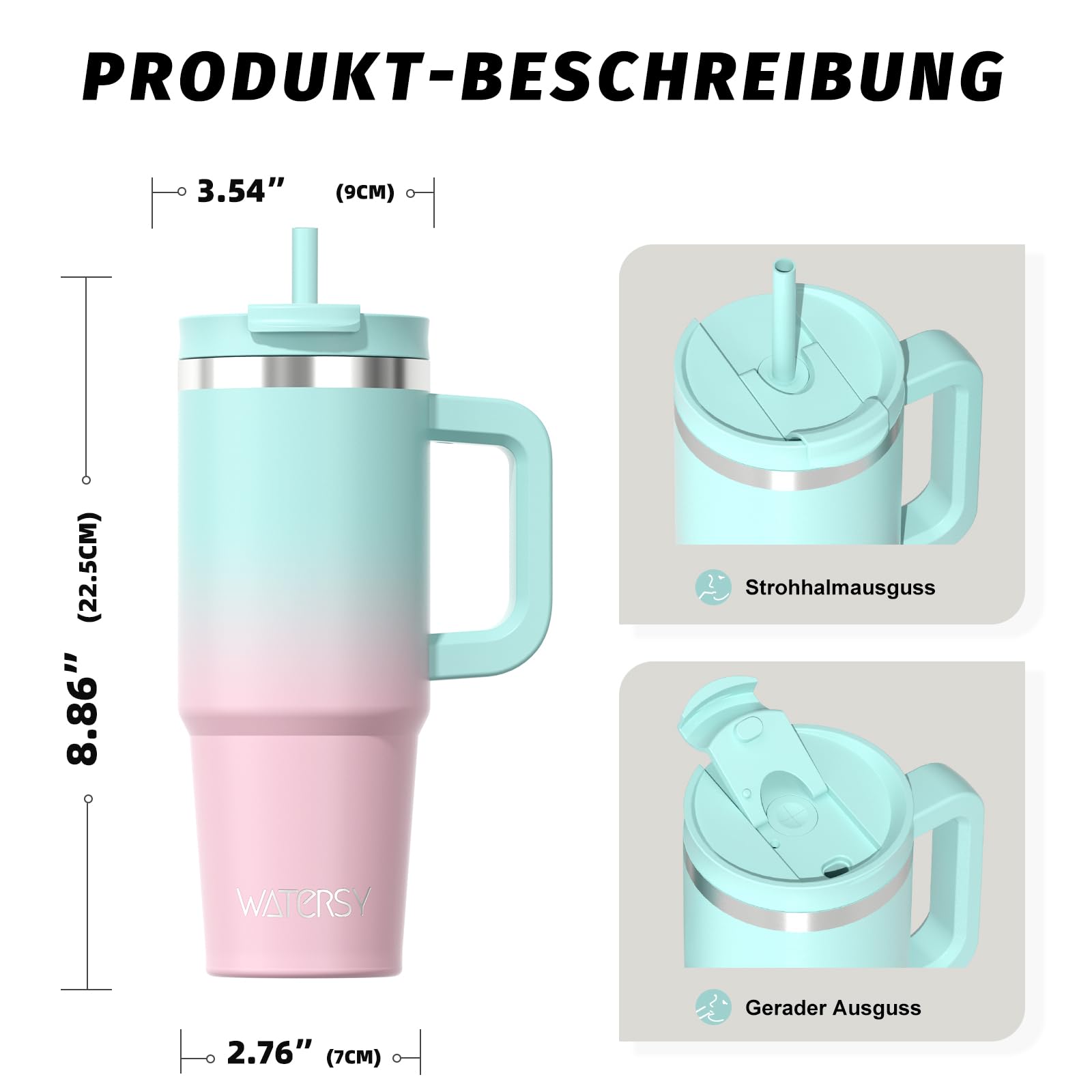 WATERSY Tazza da Caffè 891ml con Manico, 30oz Tazze Isolate con 2 Cannuccias, Tazza Termica in Acciaio Inox per Bevande Calde e Fredde per Acqua, Caffè, Doppia Parete (Verde-Rosa)