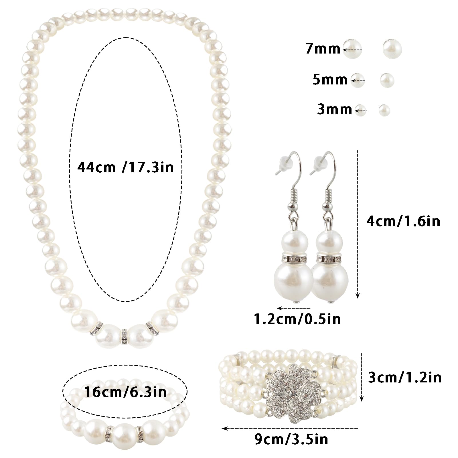 19 Pcs Pearl Necklace & Earrings Set - Faux Pearl Bracelet & Costume Jewelry for Wedding & Gift