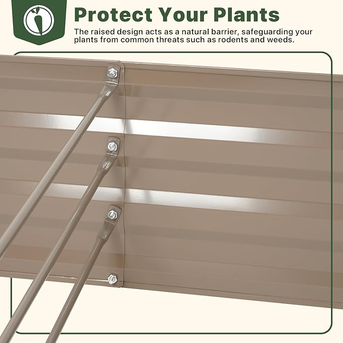 The open base design of this metal raised garden bed allows for exceptional drainage, giving your plants the optimal environment to thrive. The effortless assembly process makes setting up your garden bed a breeze, with a comprehensive assembly manual provided for your convenience. Additionally, each board comes with a protective plastic film to keep the paint pristine, and the sheet metal guiding edges have been upgraded for an enhanced product experience.
