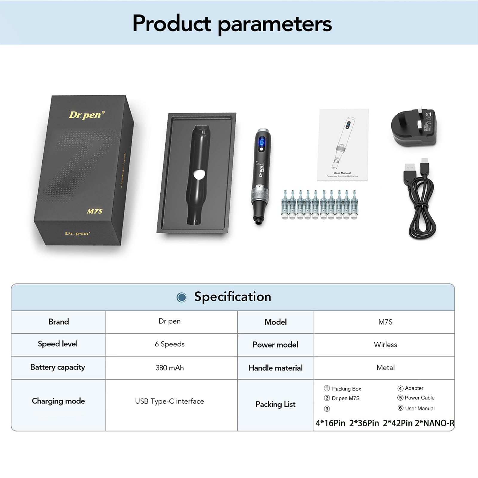 Dr. Pen Microneedling Pen – M7S Wireless & Wired Operation | Adjustable 0–2.5mm Needle Depth | 6 Speed Levels (Up to 16,000 RPM) | Includes 16-Pin, 36-Pin, 42-Pin, and Nano Cartridges | Professional Skincare Tool for Face, Body & Hair — view 7