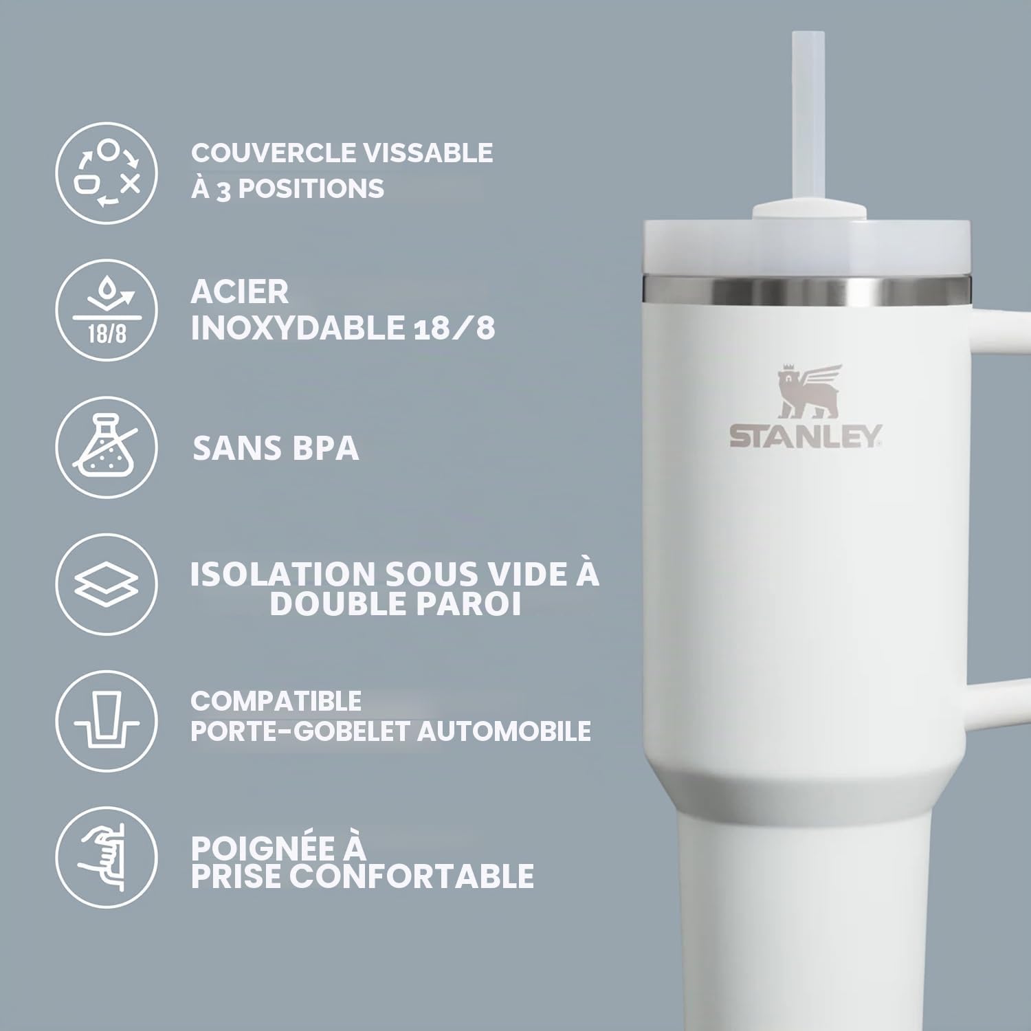 Stanley Quencher H2.0 - Gobelet avec poignée et paille de 591 ml – Couvercle Flowstate à 3 positions – Porte-gobelet compatible avec les voyages – Gobelet isotherme en acier inoxydable – Sans BPA –