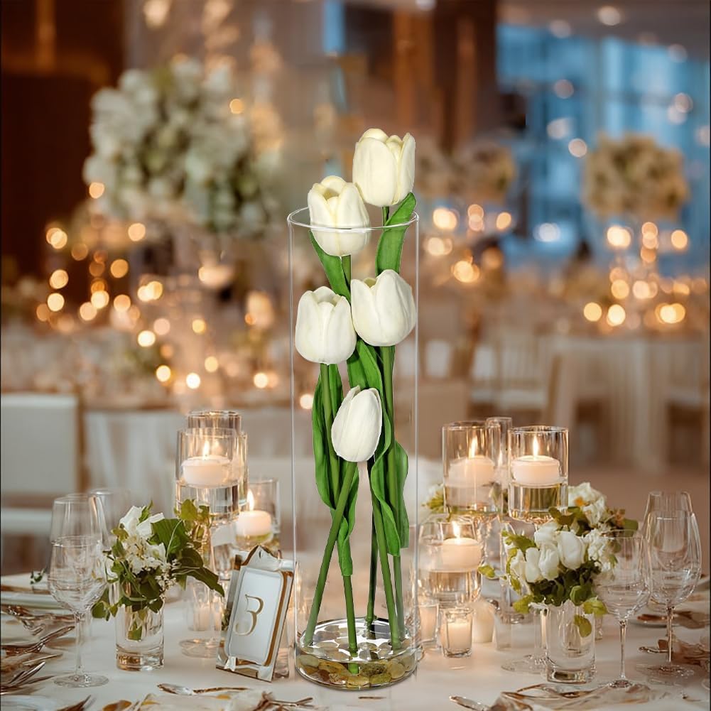 DILATATA Artificial Tulips in Clear Cylinder Vase Faux PU Tulip Wedding Centerpiece Fake Tulips in Cylinders White Tulip Centerpieces for Home Office Table Shelf Decor-2 Pcs