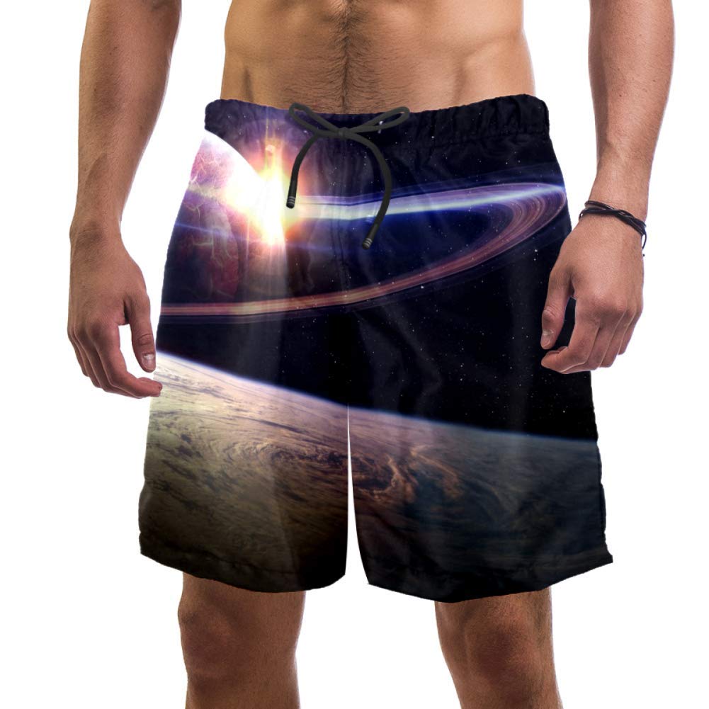 Man Beach Shorts Galaxy Sunset in Outer Space Universe Saturn Planet Earth Atmosphere Spaceship Swim Trunks Elastic Swimsuit Board Shorts for Men,L