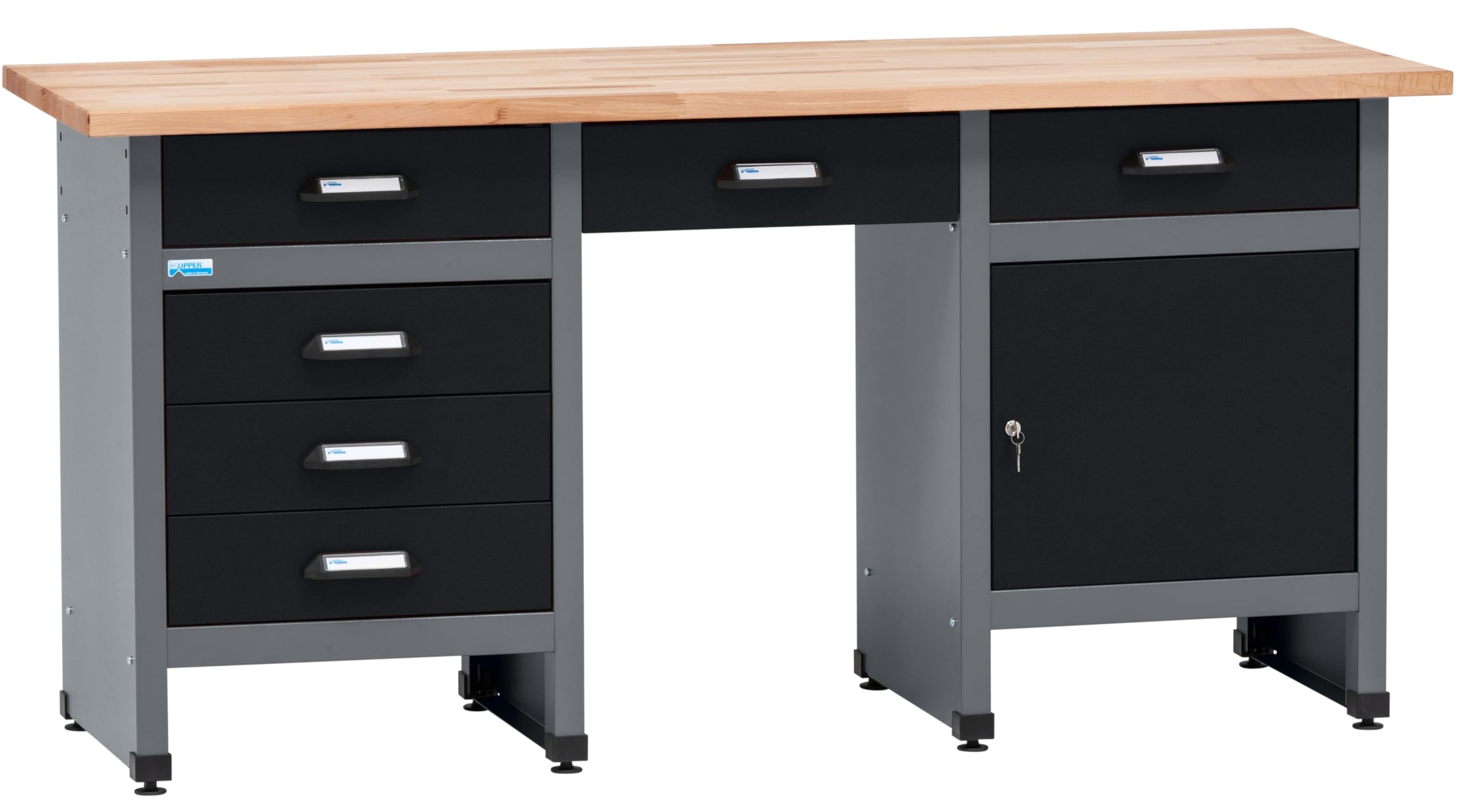 Küpper Werkbank 12579, 170 x 60 x 84 cm, 6 Schubladen, 1 Tür, 300 kg Traglast, 30 mm Massive Buchenarbeitsplatte (Schwarz)