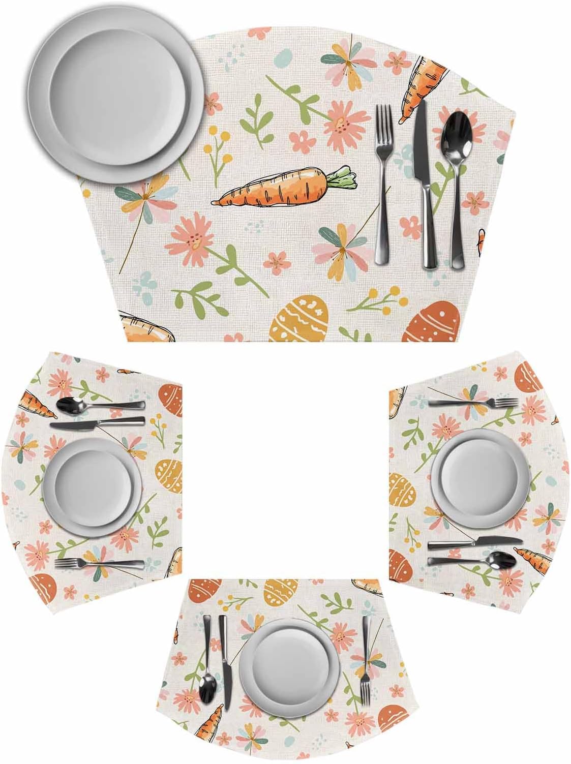 Easter Eggs Round Placemats Set of 4, Carrots Spring Daisy Botanical Rustic Vintage Placemats for Round Dining Table Shape Wedge Placemat for Outdoor Indoor Wipeable Clean Table Place Mats