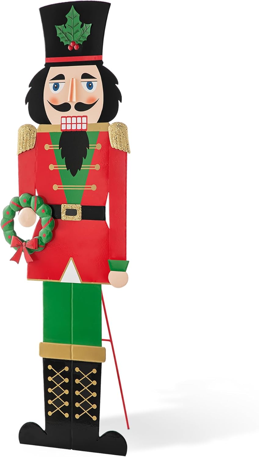 Glitzhome 60”H Metal Christmas Soldier Nutcracker Porch Decor Rustic Nutcracker w/Wreath Standing Porch Sign Merry Christmas Welcome Sign Holiday Party Outdoor Indoor Xmas Decorations