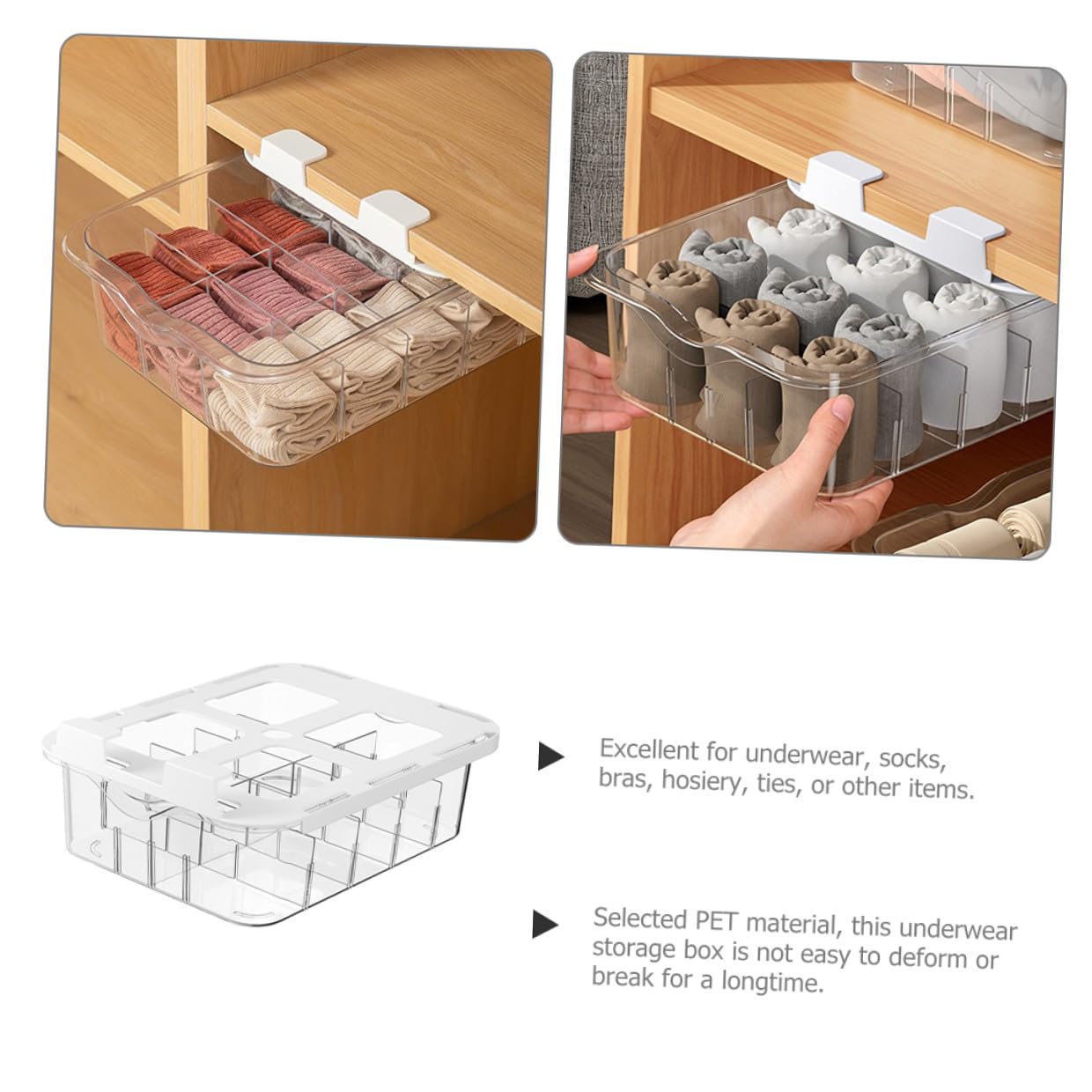 Organisateur de Chaussettes à Tiroir Transparent Pet, 15 Compartiments