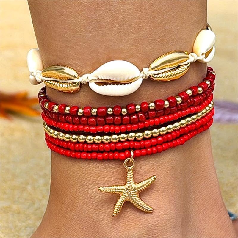 Image of Shell Anklets Bracelet for Women Waterproof Surfer Starfish Bracelet Puka Shell Anklet Colorful Boho Stack Stretch Bead Bracelet Set Hawaii Summer Beach Vacation Foot Jewelry