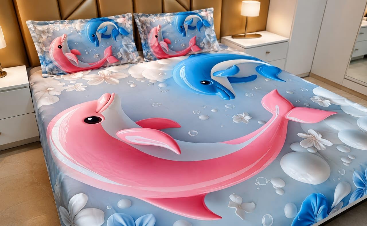 King Size 3D Realistic Dolphin Print Bedsheet Set with 2 Pillow Covers | Cotton Feel Ultrasoft Microfiber Double Bed Bedsheet | Premium Home Furnishing-image-37