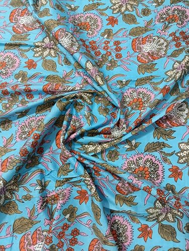 Image of Doraya Pure Cotton Dress Making Fabric Sanganeri Print Jaipuri Hand Block Printed Unstitched Dress Material for Women Blouse /Plazzo,Kurti /Lehenga Piece Womens 43 inch Inches Width (Blue 7, 3 Meter)