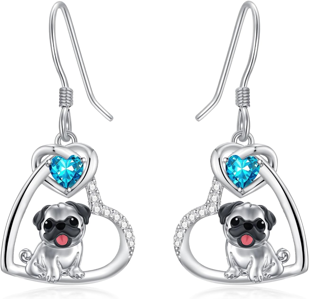 Pug Earrings with Heart Birthstone 925 Sterling Silver Dog Earrings Pug Jewelry Gifts for Women Lover