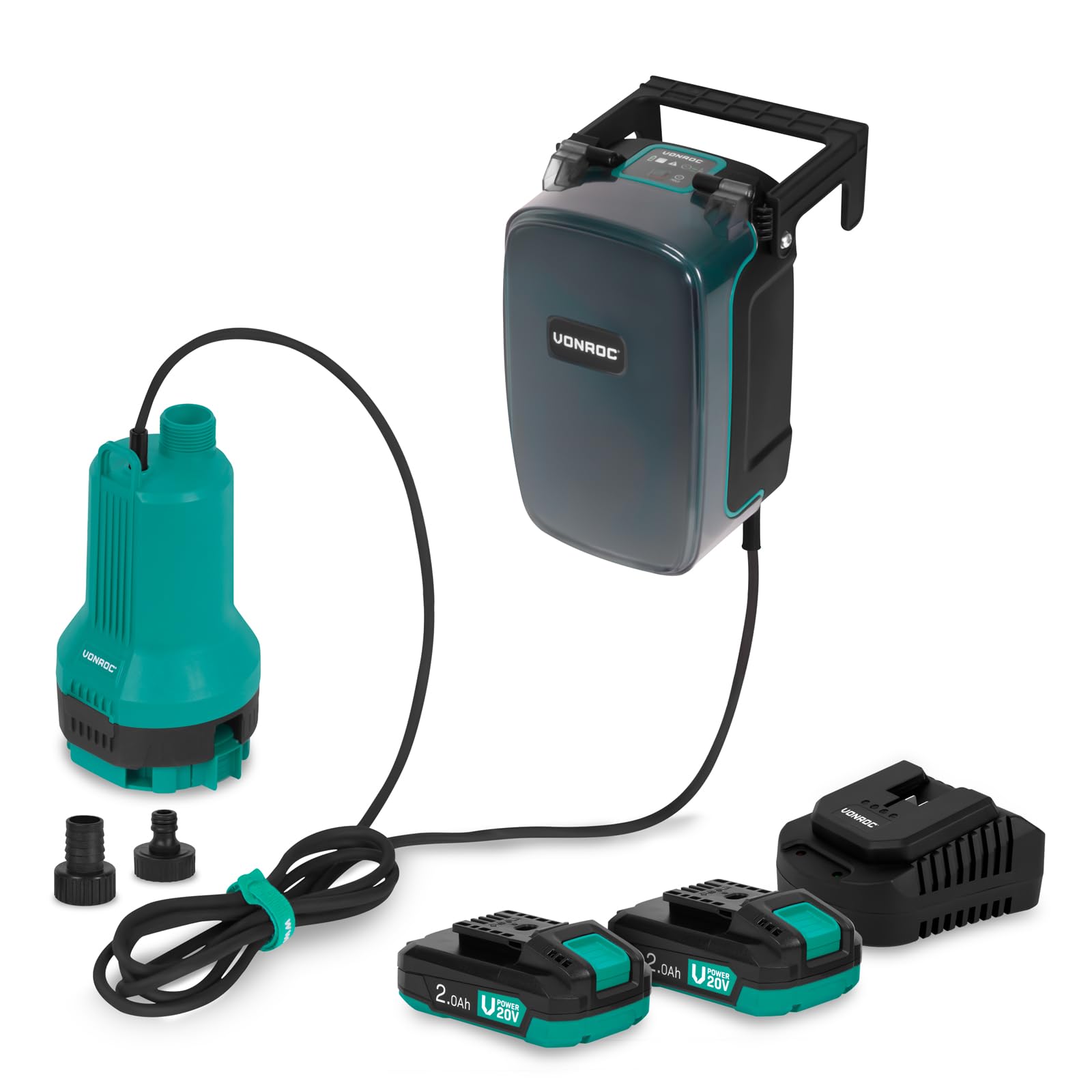 Kabellose Tauchpumpe, 20 V, 90 W, 3.800 l/h, 0,6 bar, 2 Akku & Ladegerät