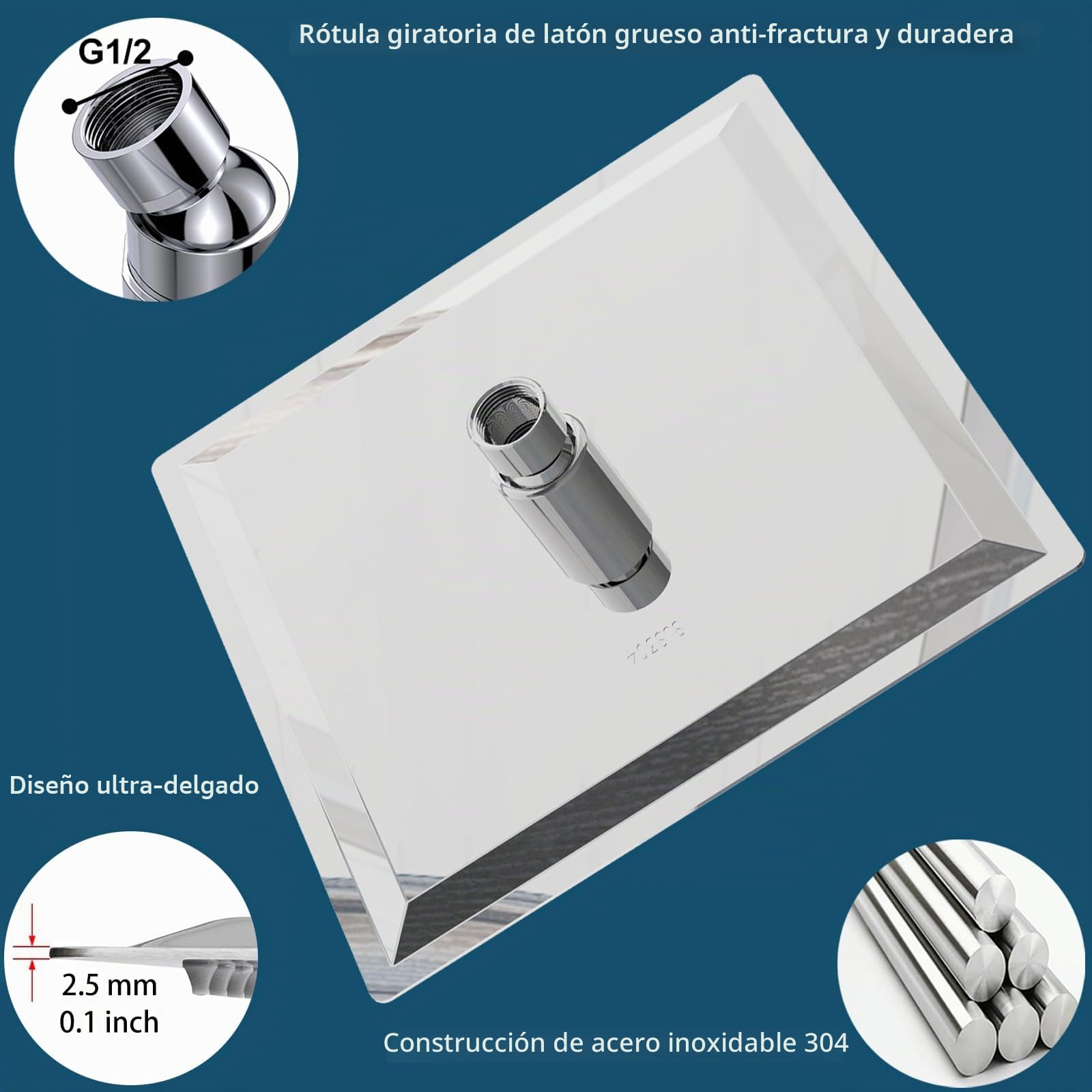 Cabezal de Ducha Tipo Lluvia, Cabezal de Ducha Tipo Lluvia Cuadrado de Acero Inoxidable de Alta Presión y Alto Caudal, Increíble Experiencia de Ducha Incluso con Poco Caudal de Agua (20cm, Cromo)