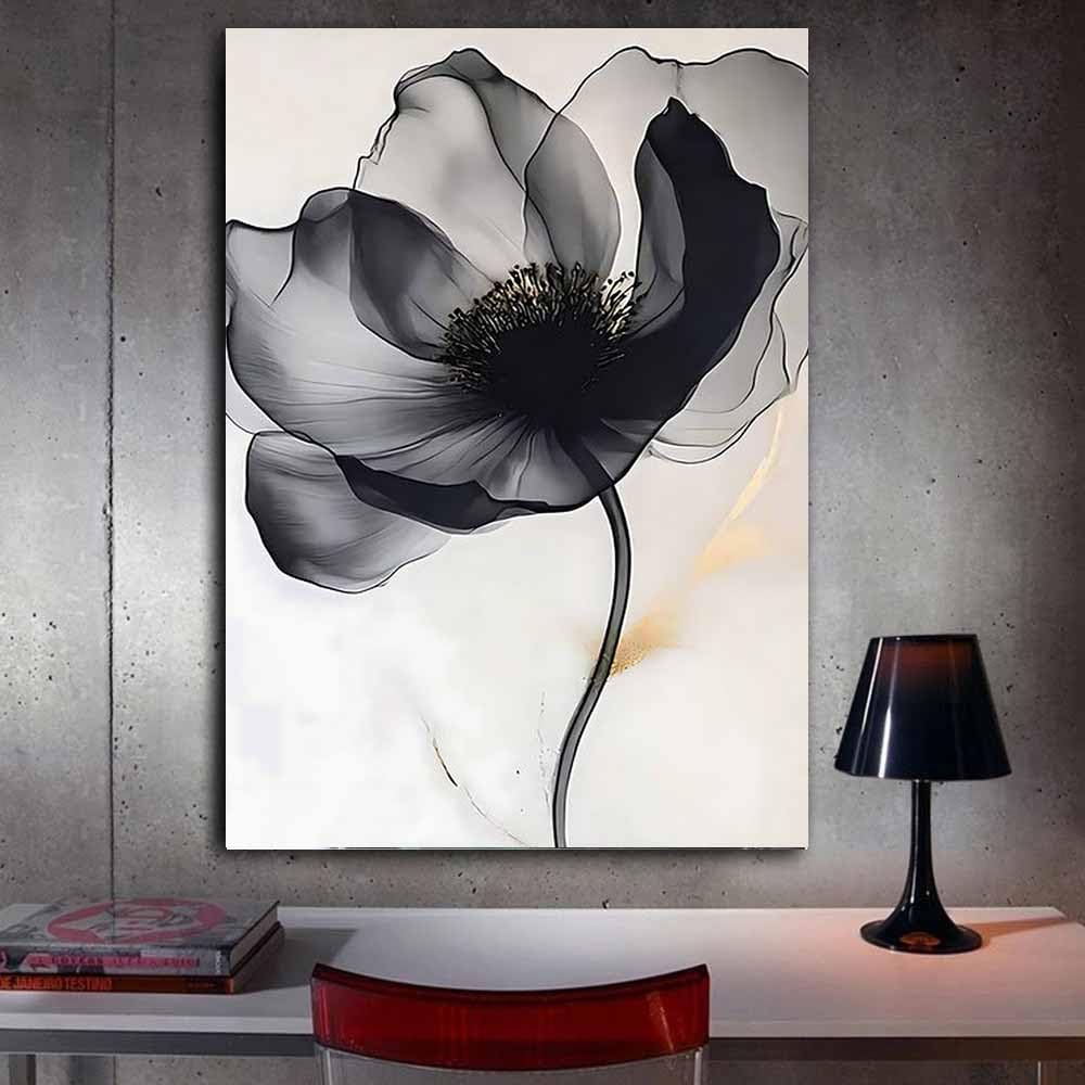 QUSAAOU Art Wall Decor Schwarz Weiß Blume Zeitgenössisch Schlicht Wanddeko Bild Schlafzimmer KüChe Deko Wandbilder Dekoration Wohnzimmer Wall Decor Canvas Wand Kunstdruck(Schwarz)-60x90cm Gerahmt