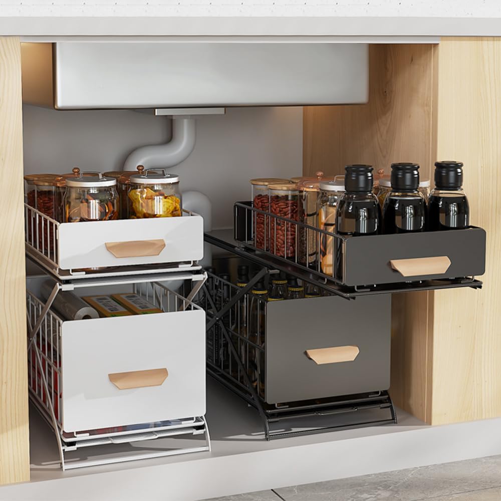 OHMG 2 stuks x organizer met 2 niveaus met uittrekbare manden, rek onder de gootsteen, keuken, keukenkast, kastorganizer voor badkamer (40 x 26 x 43 cm (zwart - 2 stuks OHMG 2 stuks x organizer met 2 niveaus met uittrekbare manden, rek onder de gootsteen, keuken, keukenkast, kastorganizer voor badkamer (40 x 26 x 43 cm (zwart - 2 stuks