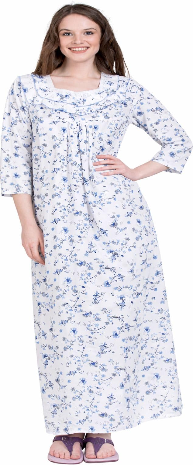 Women's Cotton Leaf Floral Printed Nighty Maxi Gown for Night Wear | Ankle Length with 3/4th Sleeve Night Dress (Blue, XXL)-image-9